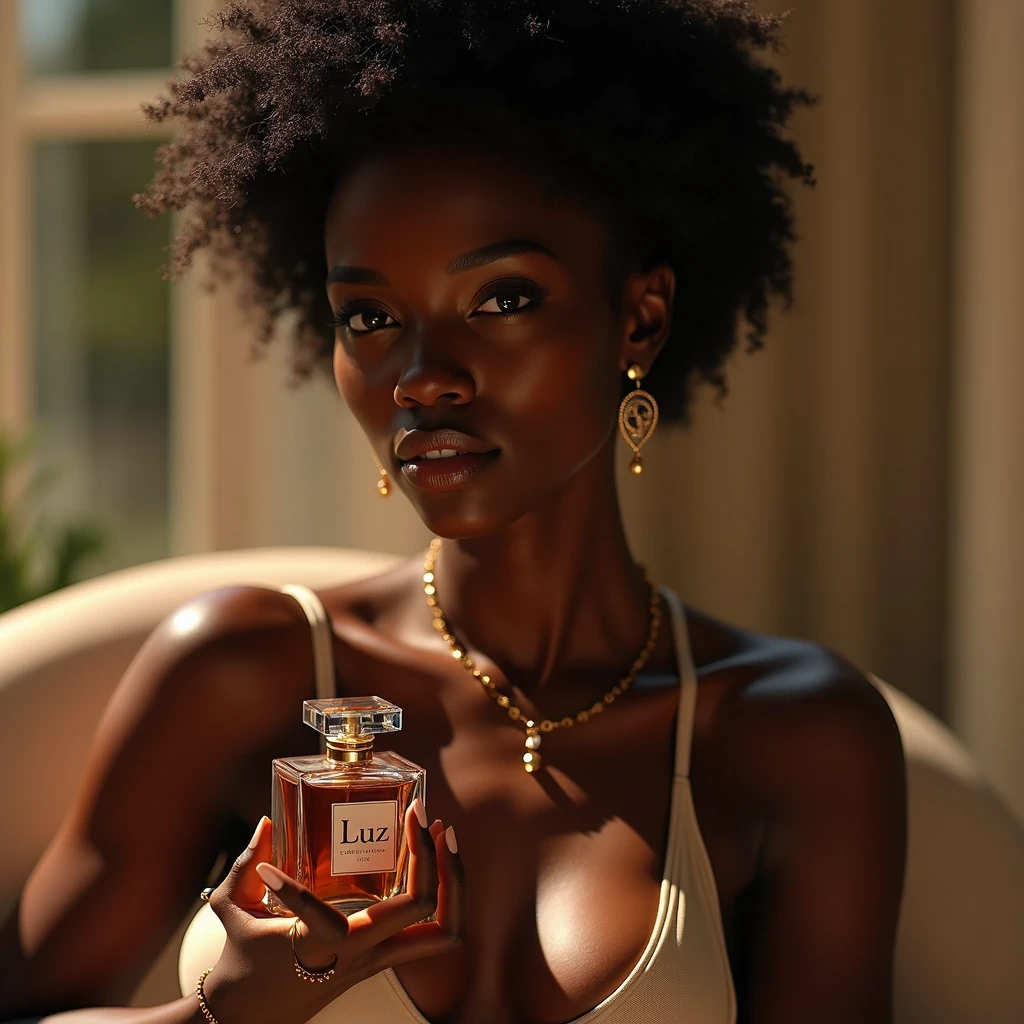 beautiful ebony-skinned woman holding perfume bottle "Luz",elegant pose,soft natural lighting,glowing warm skin,minimalistic makeup,delicate jewelry,sophisticated perfume bottle design,serene blurred background,vivid colors,lifelike details,photorealistic,high quality,cinematic lighting,chiaroscuro