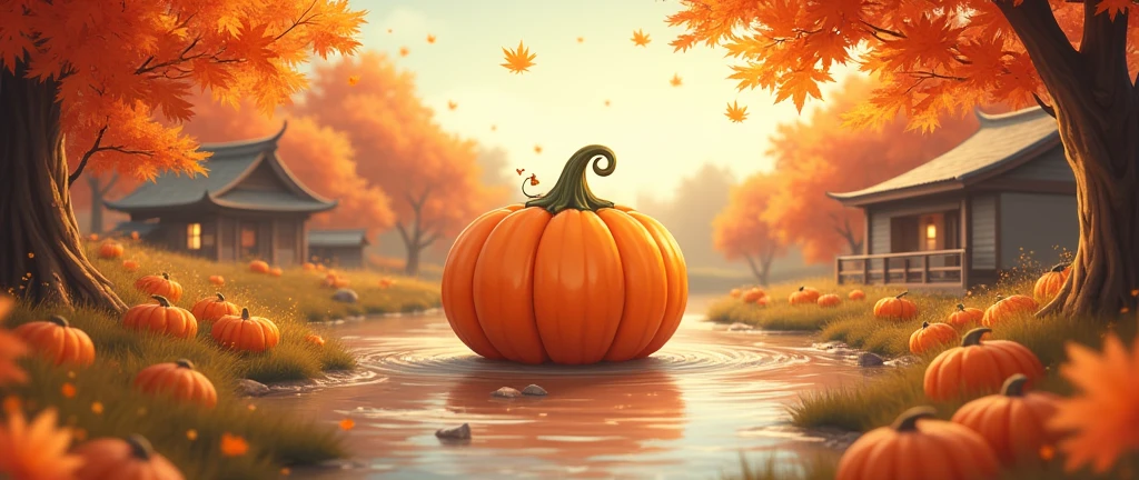 Fall Pumpkin Autumn Aesthetic,Halloween , Rustic,Cozy Anime, landscape ,Rustic Orange Maple Leaf ,Scenery, river