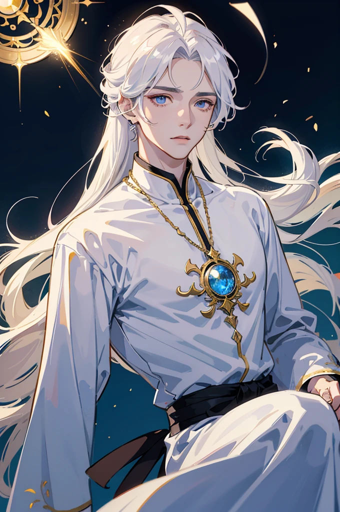 Image 1 man. Appearance: Gender: Male Build: Body building and tall Hair: White, perhaps with a slight ethereal glow Face: Beautiful and delicate features, reminiscent of K-pop idols Eyes: Piercing and mysterious Clothing: Elegant, flowing robes with intricate embroidery Personality: Enigmatic and reserved Possesses magical abilities related to light or celestial energy