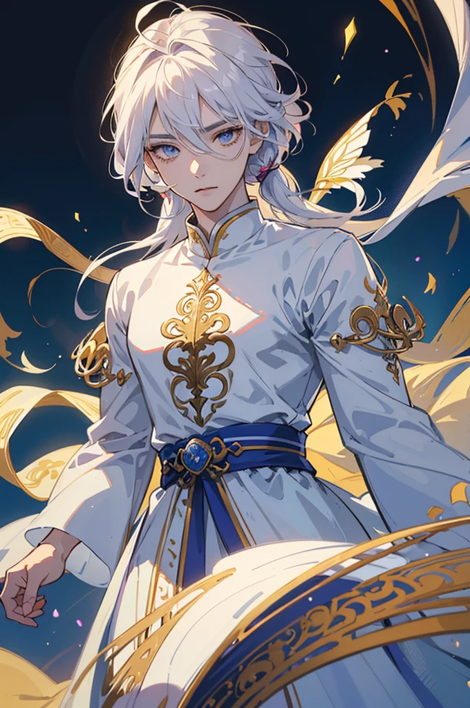 Image 1 man. Appearance: Gender: Male Build: Body building and tall Hair: White, perhaps with a slight ethereal glow Face: Beautiful and delicate features, reminiscent of K-pop idols Eyes: Piercing and mysterious Clothing: Elegant, flowing robes with intricate embroidery Personality: Enigmatic and reserved Possesses magical abilities related to light or celestial energy