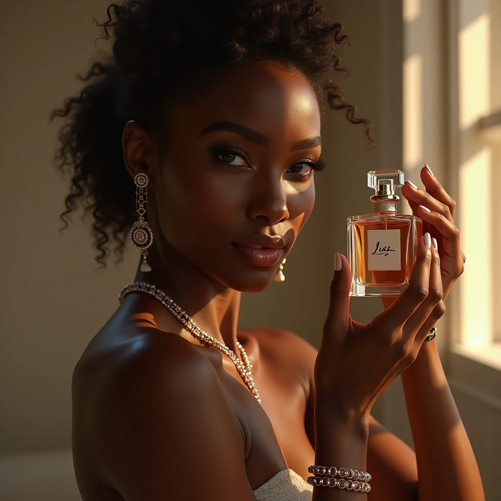 beautiful ebony-skinned woman holding perfume bottle "Luz",elegant pose,soft natural lighting,glowing warm skin,minimalistic makeup,delicate jewelry,sophisticated perfume bottle design,serene blurred background,vivid colors,lifelike details,photorealistic,high quality,cinematic lighting,chiaroscuro