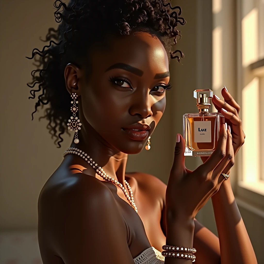 beautiful ebony-skinned woman holding perfume bottle "Luz",elegant pose,soft natural lighting,glowing warm skin,minimalistic makeup,delicate jewelry,sophisticated perfume bottle design,serene blurred background,vivid colors,lifelike details,photorealistic,high quality,cinematic lighting,chiaroscuro
