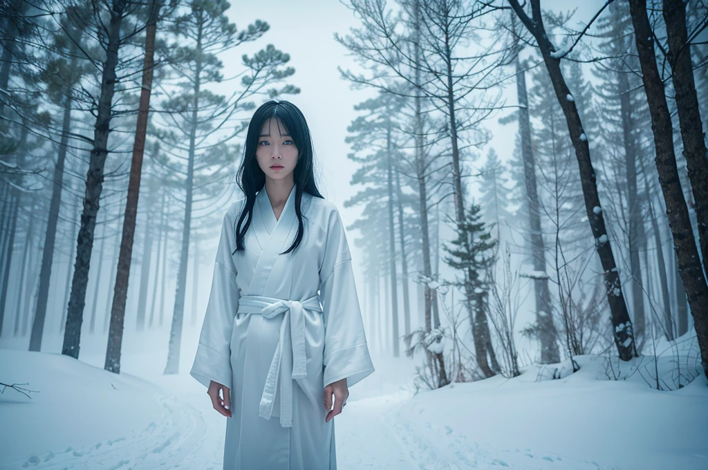**Prompt:** Capture an ultra-realistic 8K image of Yuki-onna, the snow spirit from Japanese folklore, reimagined as the subject of a ghostly photograph. Yuki-onna appears with pale, translucent skin, glowing faintly in the dim light. Her long, jet-black hair falls over her shoulders, partially obscuring her face with hollow, icy blue eyes. She wears a frayed white kimono, blending into the mist and snow, as if part of the environment. The scene captures her standing alone in a desolate, snow-covered forest, with twisted, leafless trees in the background. A thick mist rolls through, creating an unsettling sense of isolation. The photograph exudes a deep sense of unease, as if the viewer has encountered something supernatural, forever captured in a ghostly image.