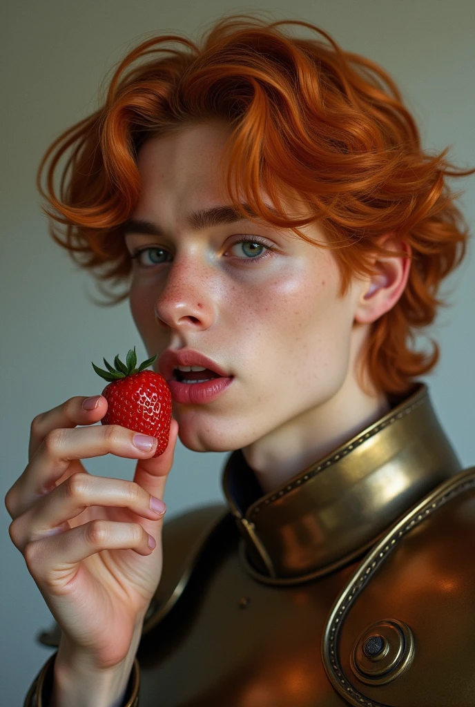 young man of nineteen years. male. deep orange and wavy hair. big gray eyes. oval face. defined eyebrows, straight nose, thick lips. he wears bronze armor. he is bite delicious strawberries. Beauty angelical face. He looks away.