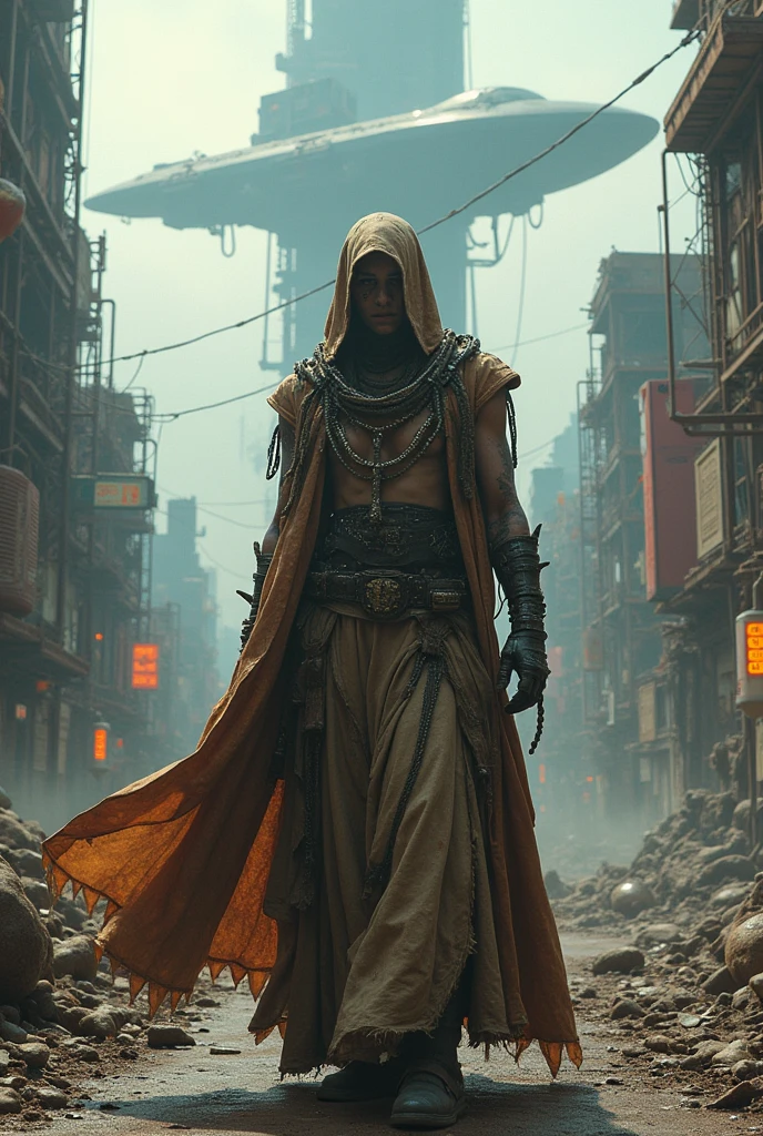 Aerial View of panoramic distopic city, rusty metal, space ship, mega structure, Mask, Wearing scrap clothes, metal gears, leather trench coat, pipes apparent, Apparent installations, machine scrap exposed mechanic cabling, a screenshot inspired by Mad Max, Neon Ligth, Trash, Garbage, Blade Runner, robotic scrap, android scrap, cyborg scrap, tumblr, dau-al-set, wearing apocalyptic clothes, ornate cyberpunk robes, chains, debris, smog, Vehicule Scrap from Mad Max, dressed as an oracle, tattered robes, intricate costume design, cyberpunk fashion clothing, still from a fantasy movie, post apocalyptic attire, mechanic exposed, cables, scrap, sky line of ruins.