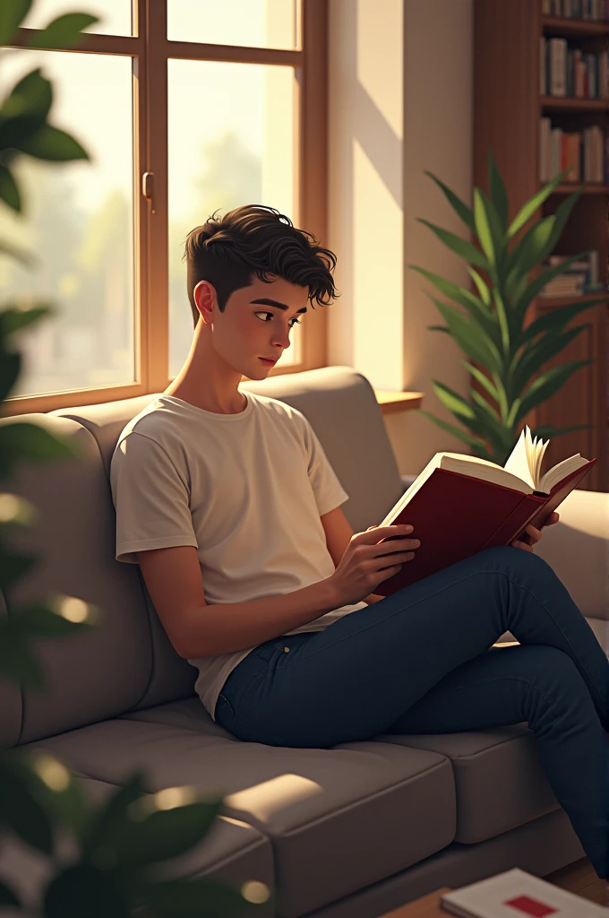 Teenager man lying on a sofa reading a book 