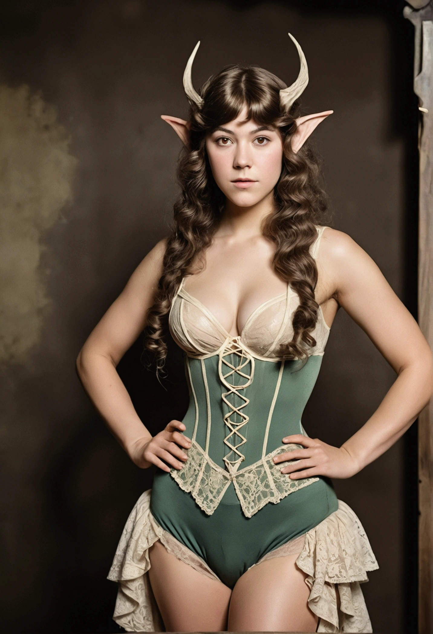 1910s analog film photograph, colorized photo of an elven maiden, 18-years-old, amazonian stature, athletic hourglass figure, busty breasts, narrow waist, full wide hips, big round buttocks, wearing a lacey bralette and frilly bloomers, warm almond complexion, pointy elf ears, dark hair, wild voluminous curls, resembles Mary Elizabeth Winstead, posing in a vintage photography studio, RAW Photograph, dslr, soft lighting, high quality, film grain, Fujifilm XT3, detailed skin with visible pores, insane details, masterpiece, 8k, faded film, desaturated, grainy, vintage, Lomography, stained, highly detailed, found footage, long elven ears