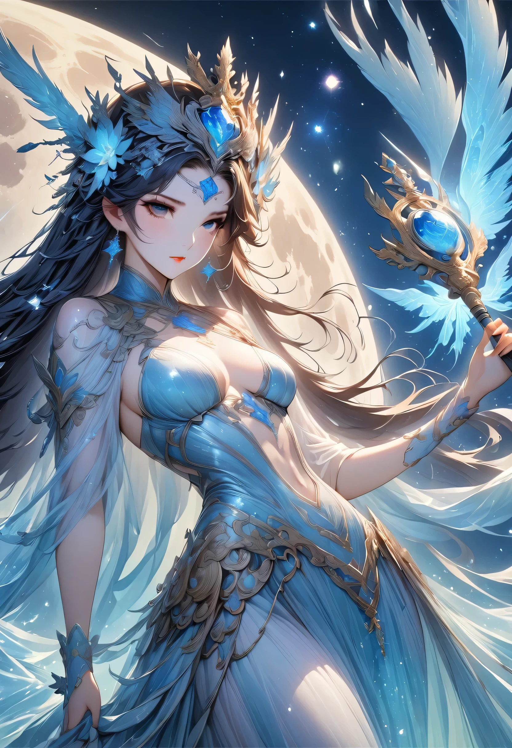 Tarot, Complete Tarot border,(Best image quality),1 girl,Dressed as a queen'clothing,(Full body female love),scepter in hand,Wearing a crown,(Perfect body),(Perfect facial portrayal),Blue starry sky,(Very large moon close-up),Star(shiny),clothing(shining),(masterpiece),(8k wallpaper),myth,Fantasy theme,Surrealism,Realistically