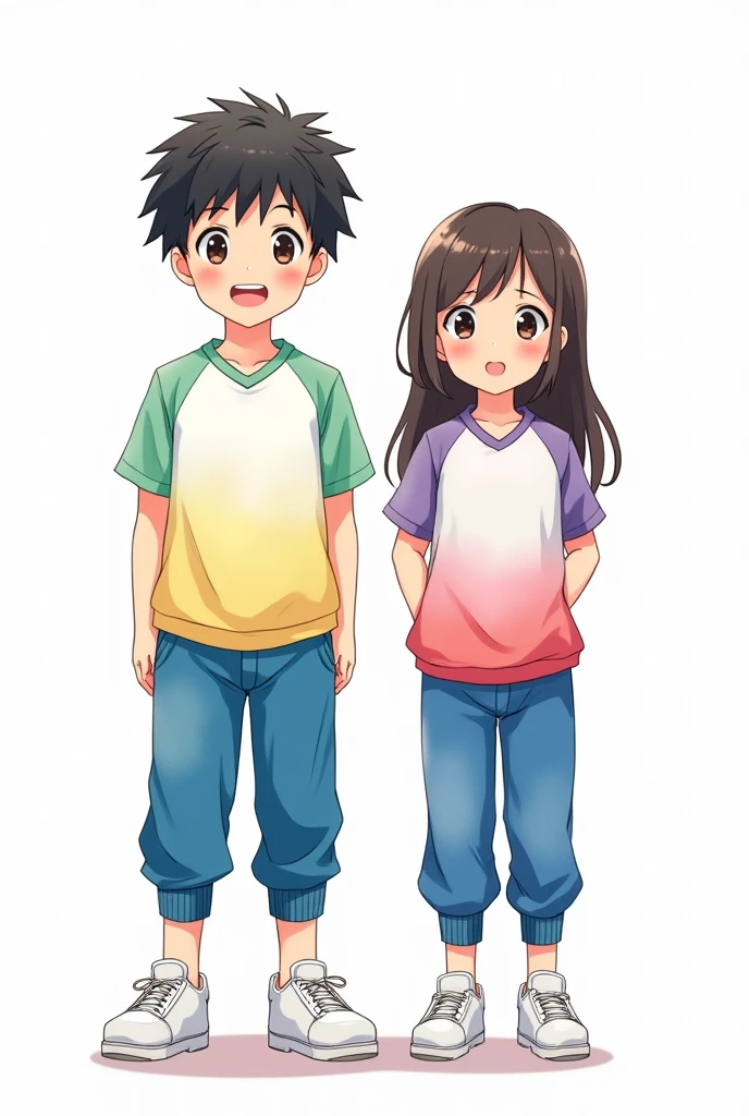 Boy and girl aged  facing front on white background wearing sports school uniform with blue ankle-length sweatshirt pants, green, yellow, purple and red in watercolor with soft transitions between them, while,  the white short-sleeved v-neck t-shirt , white tennis shoes, all in an anime cartoon style