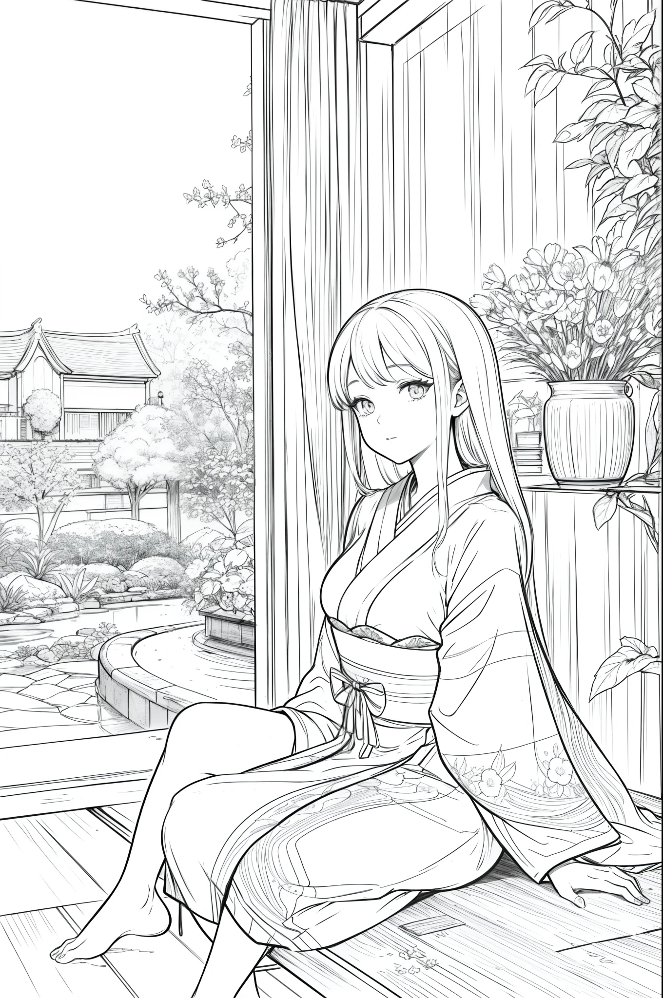 Masterpiece, top class, unique, cute, flowers, line drawing background, white background, monochrome, line drawing, ((sketch)), creepy, white eyes, create a monochrome coloring book that even adults can easily do, a realistic and cute ukiyo-e of a girl wearing a kimono, model pose, sitting on a veranda with a Japanese garden as the background, conveying Japanese culture.