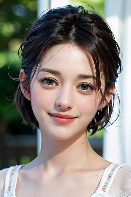 a Close-up portrait of gorgeous smiling cute Japanese woman in a glamorous white Fishnets outfit, delicate facial features, pixie cut hair, real human skinned texture, ultra-realistic photograph, a fusion of young Marion Cotillard's striking eyes and young Anne Hathaway's introspective gaze, long and slender cute face, curved eyebrows, droopy hooded eyes, lower nasal bridge, slim wavy nose, smiling, thin lips, short pixie cut hair, silhouette, bokeh, silk curtain background, depth of field, photo, film, AnneH, marioncotillard,