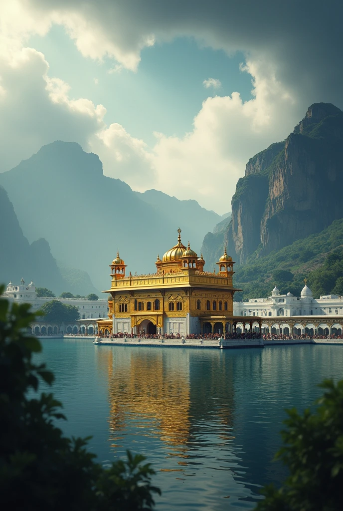(photorealism:1.2), sikh temple golden temple in cloudy environment