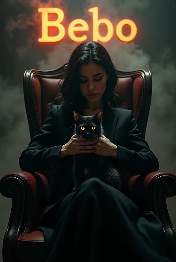 Create a realistic image where a woman wearing black luxury suit and sitting on king size chair, he's holding a cat in her hand, there is smoke in background a shadow of cat and cat's eyes is glowing in yellow colour. In background the name "BEBO" is showing in bold effects just attached above the chair the head of the character as per his name.