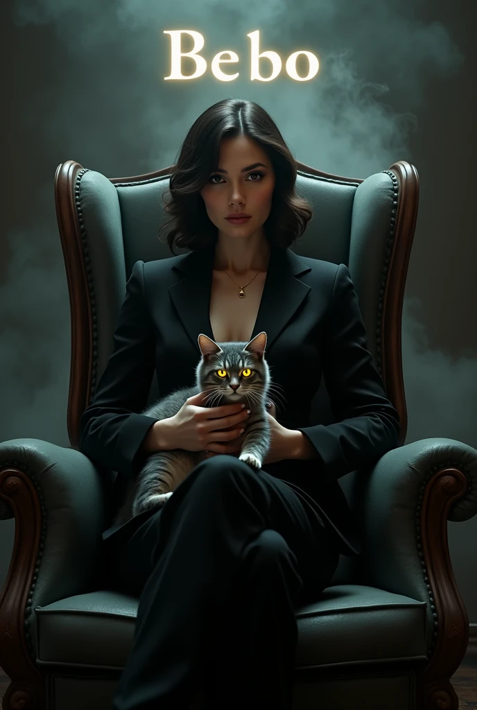 Create a realistic image where a woman wearing black luxury suit and sitting on king size chair, he's holding a cat in her hand, there is smoke in background a shadow of cat and cat's eyes is glowing in yellow colour. In background the name "BEBO" is showing in bold effects just attached above the chair the head of the character as per his name.