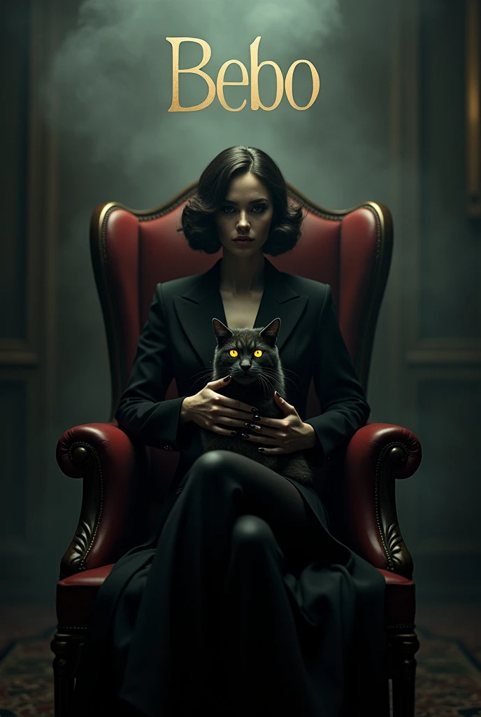 Create a realistic image where a woman wearing black luxury suit and sitting on king size chair, he's holding a cat in her hand, there is smoke in background a shadow of cat and cat's eyes is glowing in yellow colour. In background the name "BEBO" is showing in bold effects just attached above the chair the head of the character as per his name.