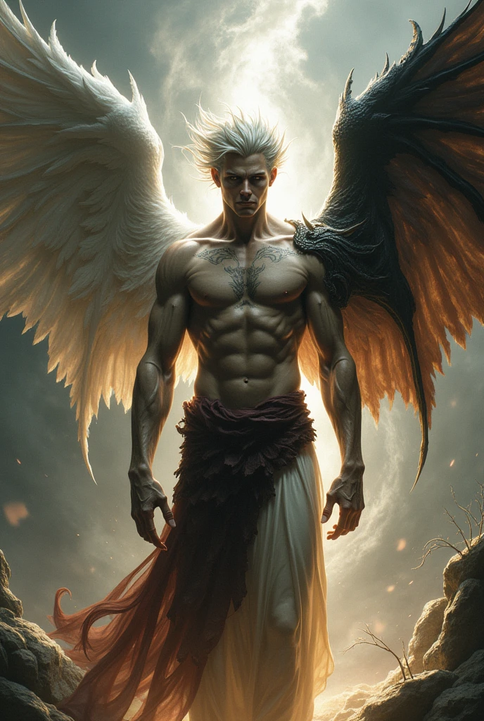 I want a person who is a man, half angel and half demon, with its wings open