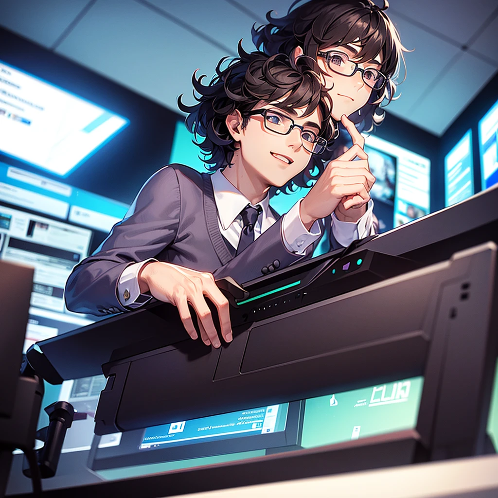 A young man with medium curly hair and round glasses playing on a pc with rgb