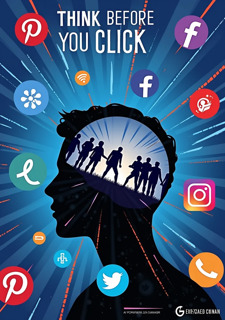 Create a think before you click poster An artistic drawing in the dark world where some people are lost and some people are safe in the world of social media, people are captured by some viruses, hackers and some people with knowledge about social media are safely using their phone and gadgets
