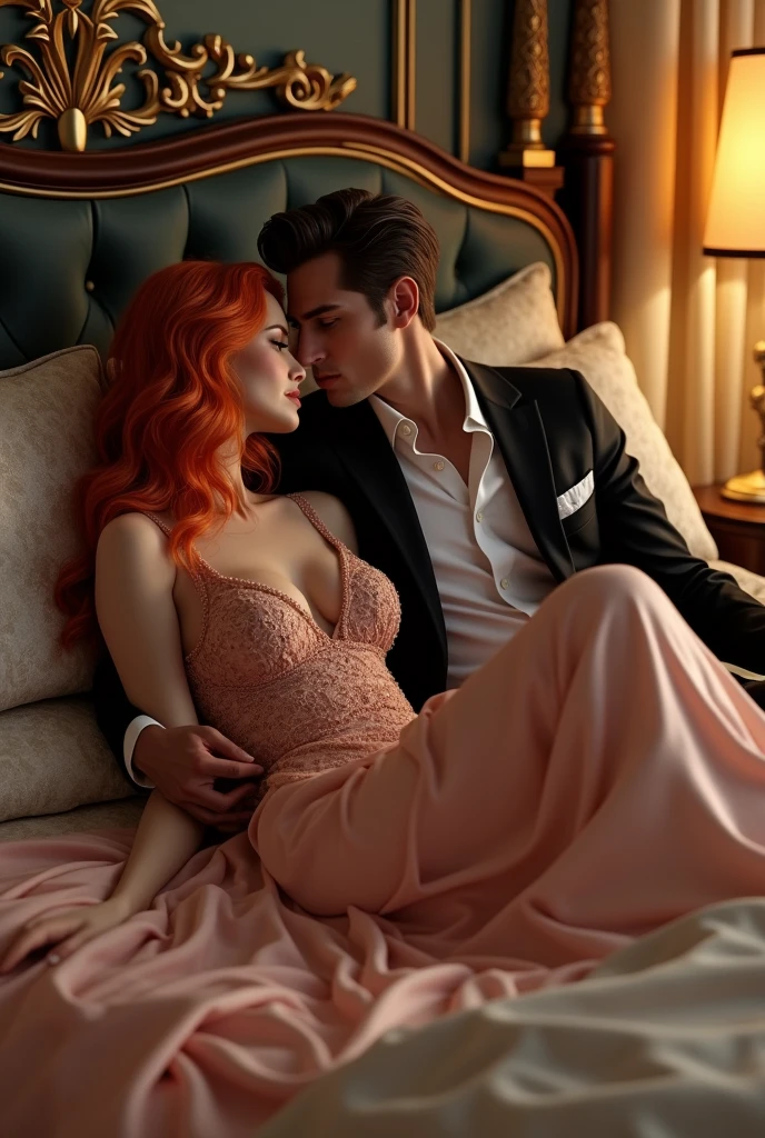 A beautiful white woman with red hair and orange hair in a dress in a stylish bed with a white man in a suit