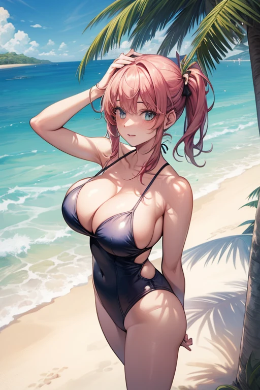 ((Best Quality)), ((masterpiece)), (detailed), 1 girl, with a pink swimsuit, big breasts,((with his hands on his head)), hair with pigtails, beach landscape, with palm trees, and tropical trees, ((view from above)),((looking at the viewer))  