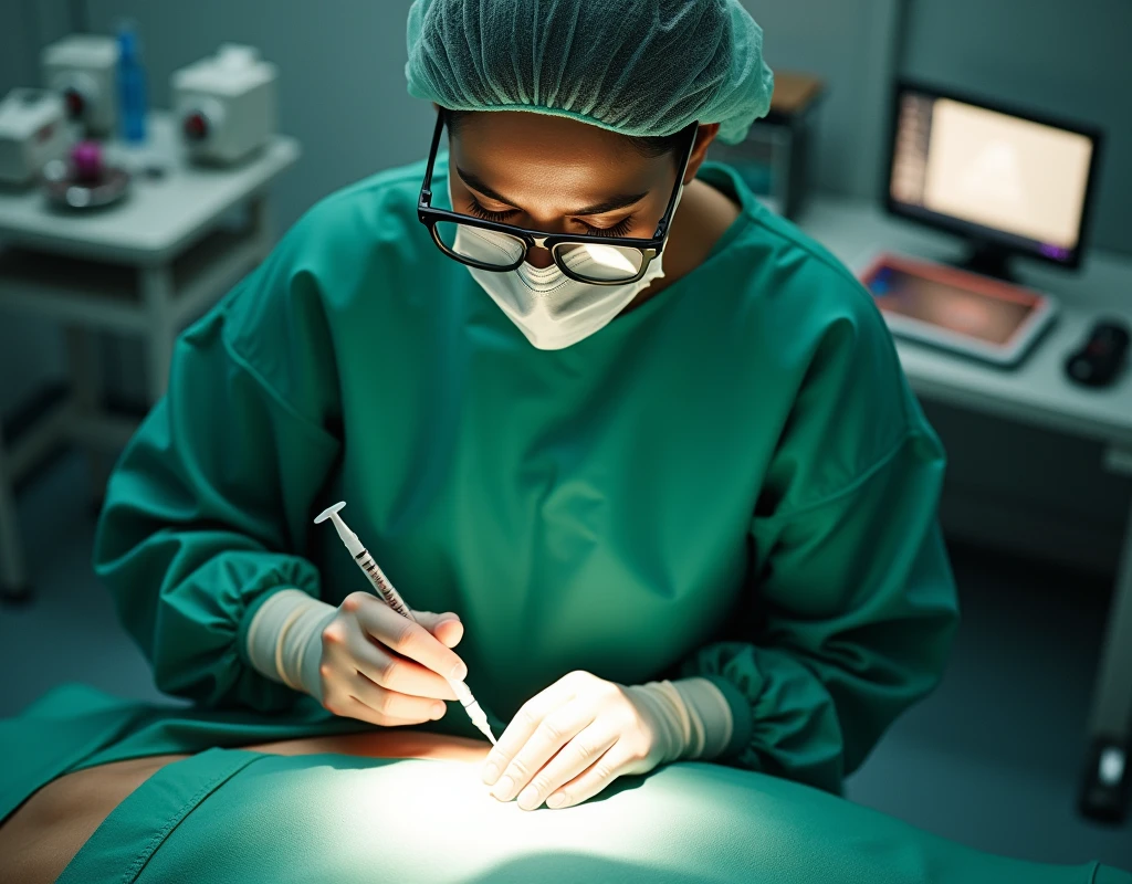 Aishwarya Rai as surgeon, wearing green scrubs, wearing mask and skull cap, wearing surgical glasses, giving injection to male patient in her chest, in operation theatre, fullbody view, topdown view,