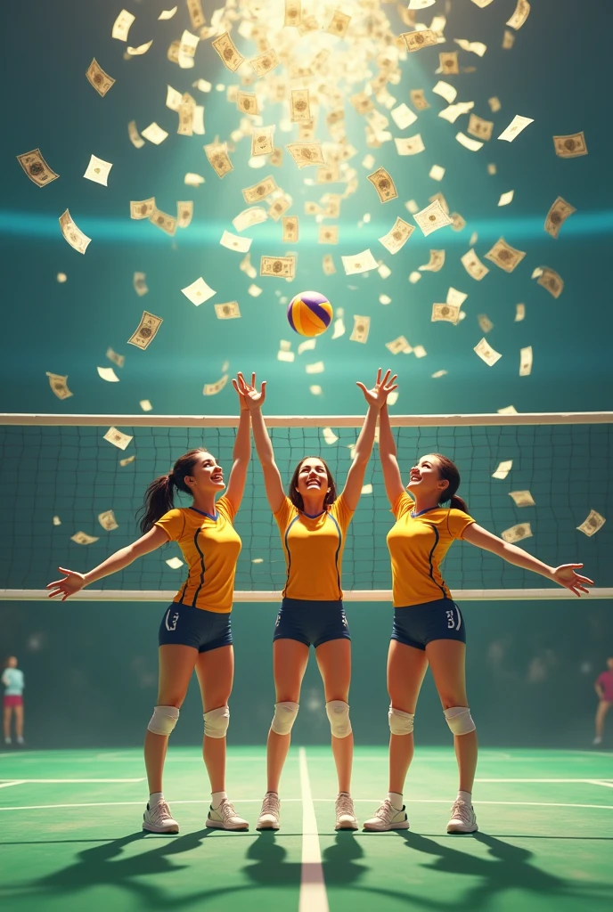 Three beautiful female volleyball players smile happily, look up, spread their arms, wait to receive money, which has a lot of money falling from the sky on the volleyball court.