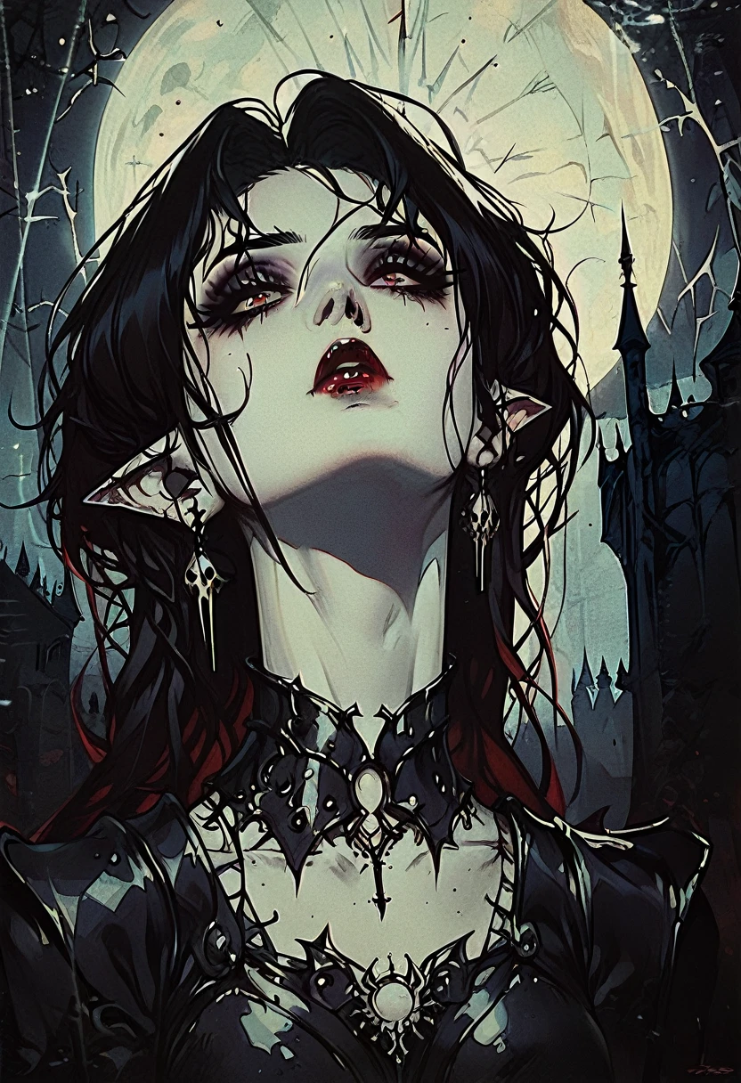 vampires, thick black hair pale skin, Eyes red, Red lips, Black armor with red details, with pointy ears, dark, dark Castle, fully body