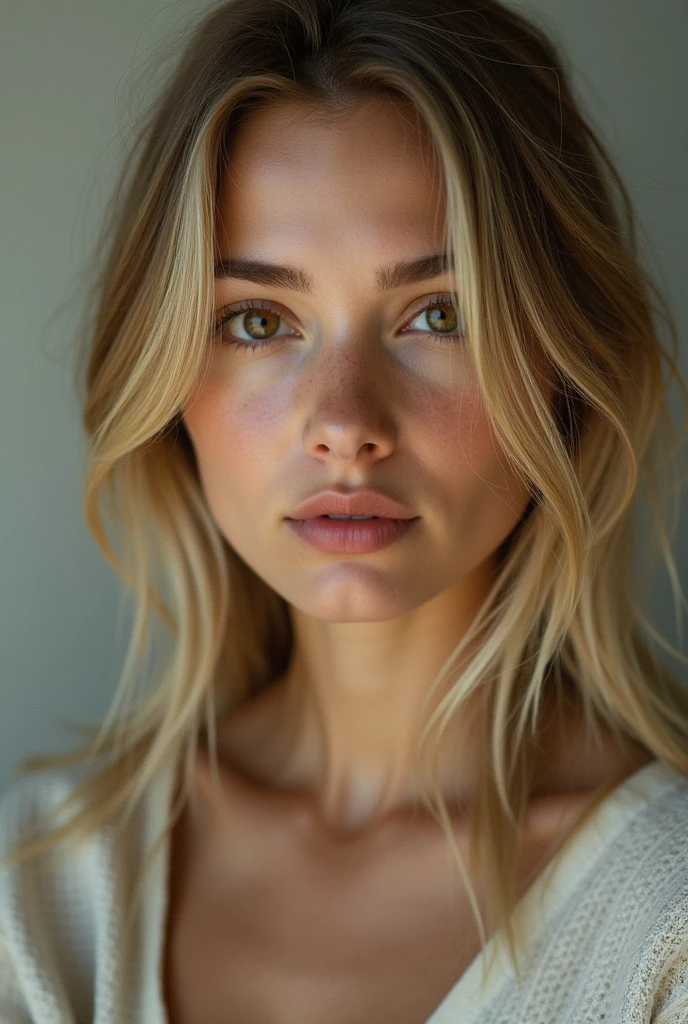  a 30 year old woman, blonde, flat hair, brown eyes and a red spot on the left side of the nose, giving souls room 