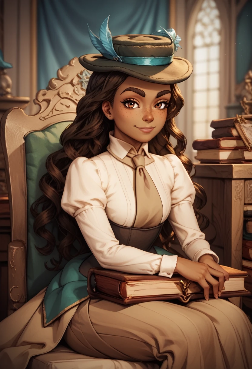 high definition, franimel, long hair untill hips, brown skin, brown eyes, freckles, hat, beige tie, baroque, half body, look at viewer, sitting down on green baroque chair, hands on lap, detailed background, dark floral wallpaper, pile of books aside, light smile