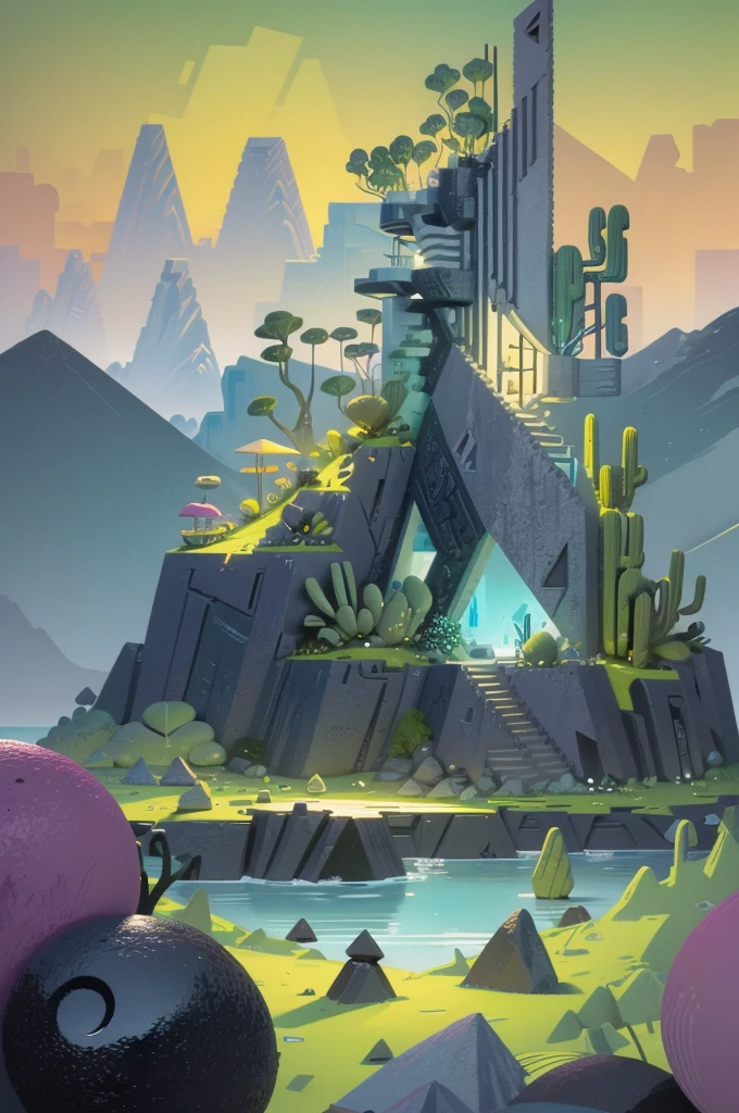 An illustration in collage style, con rocas gigantes, Brutalist construction sections, escaleras, cactus, agave, textura de concreto, Multiple geometric shapes, hatch and cross hatching, planeta Saturno. ((masterpiece, best quality)),illustration,ultra detailed 8k. (((An illustration of a build designed by Luis Barragán))), with a desertic vegetation garden, (big rocks), ((cacti)), lake, volcano in horizon, smooth clouds, (((illustration collage format))), ((Escher's art style)), (((multiple sections))), (magenta, blue, olive green, grey, black and white), hard shadows, (((geometric sculptures))), concrete sculptures, high contrast, dramatic, cinematographic