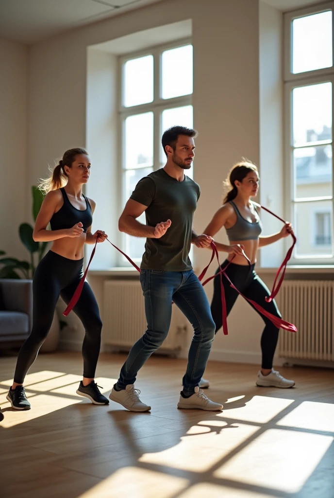 Réalisé moi une photo réaliste d’un cours de sport dans un appartement parisien avec trois personnes. Ces personnes sont en situation dynamique avec des élastiques chacun dans leur main et tous portent un teeshirt 