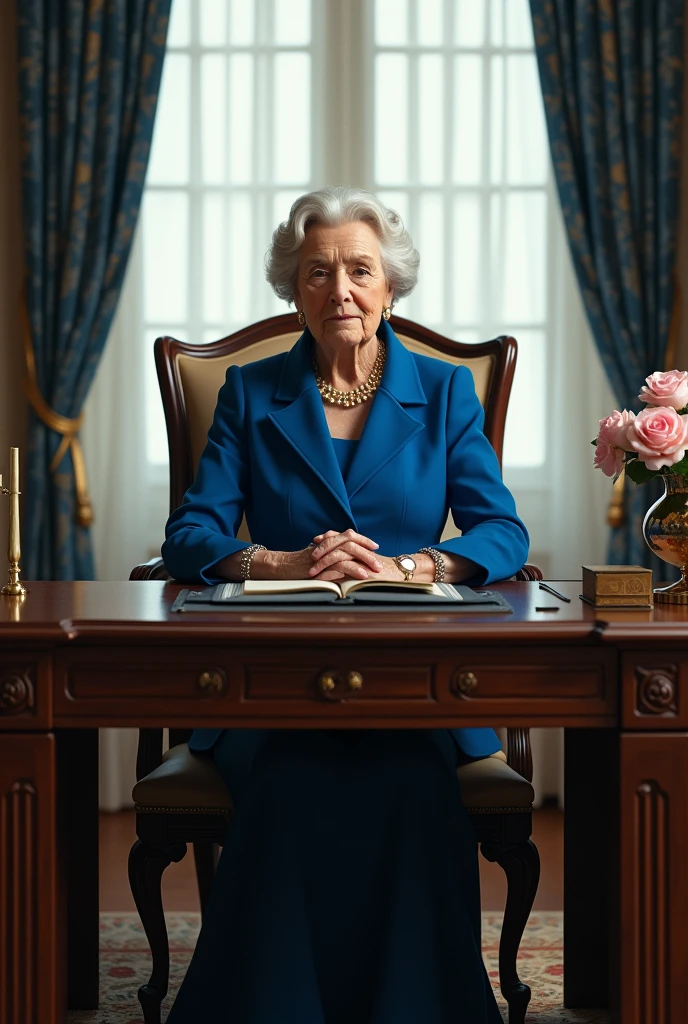  70 Year Old Queen in modern blue formal attire and without no crown and without showing the sensitive parts. is seating in her desk, behind her is a window.