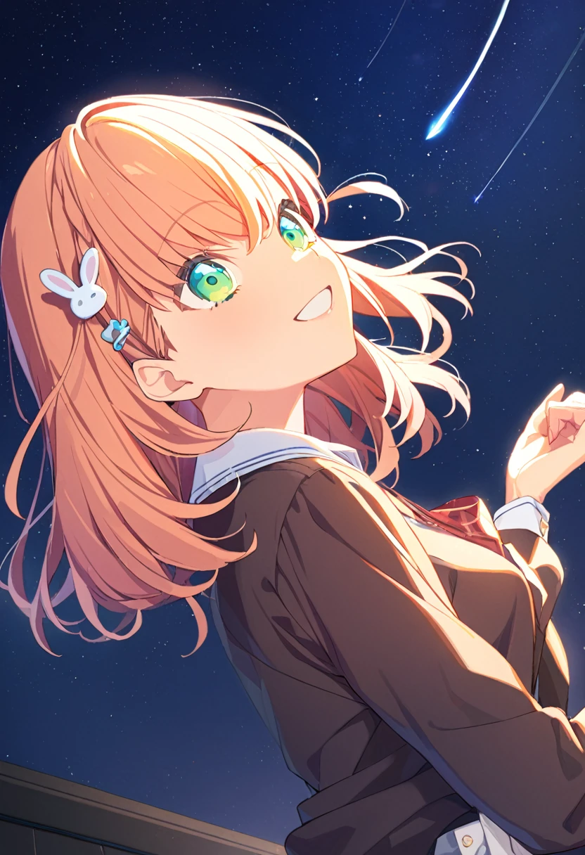 sfw,hinoshita kaho,orange hair, hair ornament,rabbit  clip,(Perfect hands),(Perfect Anatomy),(masterpiece),(highest quality) ,1girl,smile,solo,night,school rooftop, shooting star,Starry Sky,Looking up at the sky