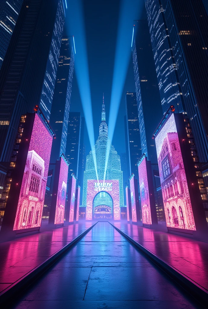 Create a front stage design with a small runway for pageantry with LED screens inside a city skyscrapers motif, with LED screens and beam lights in the ceiling