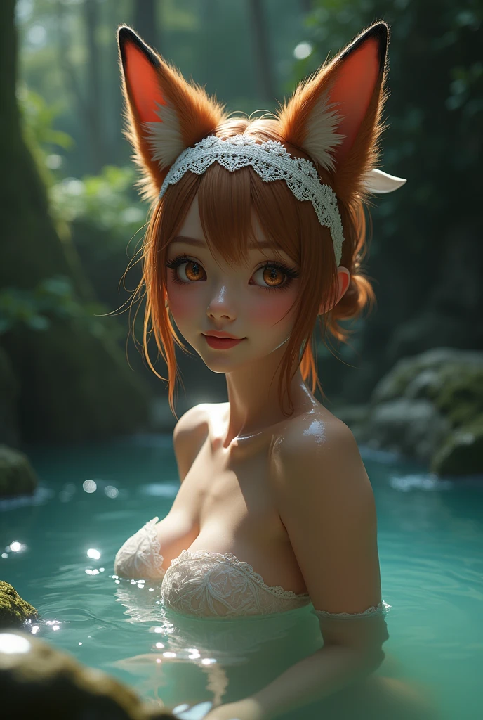 Best Quality, masterpiece, super high resolution, A furry fox girl model immersed in a hot spring in Japan., outdoor hot springs, stone hot springs, surrounded by moss and trees, super beautiful face, pure body, clear pores visible, (smile:0.8), using division (lace headband:1.2), (Realism:1.5), Photo original, soaked body, covered in sweat, bare shoulders, In the dark, deep shadows, low key, cold light