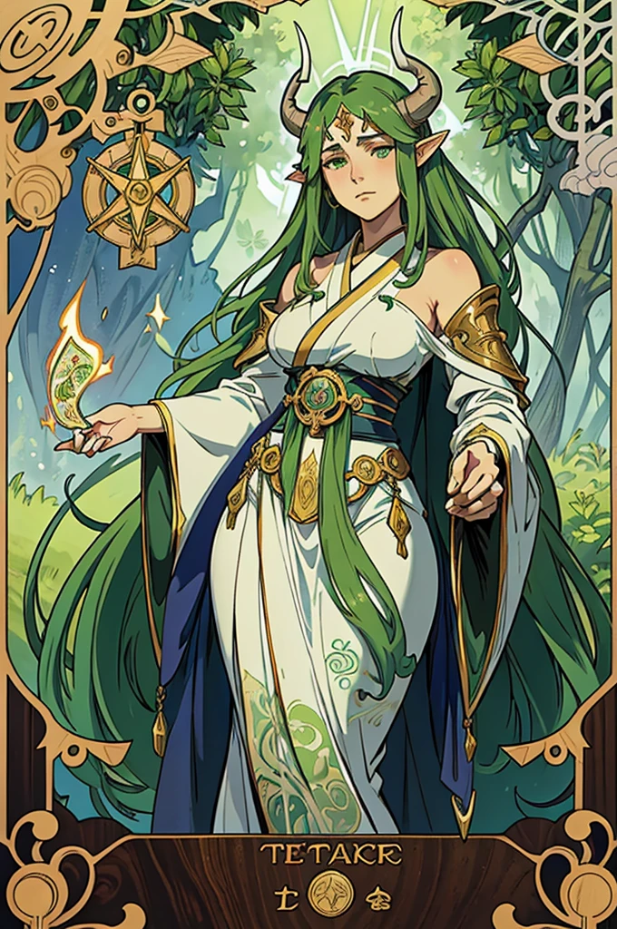 Tarot cards, High Priestess, Goddess), art, Alphonse Mucha, symbolizing their desire for guidance. Ursala's gaze is both kind and assessing, conveying her strategic patience in granting her blessing for a successful hunt. a  with green hair, praying, standing amidst vegetation , Japanese-style dress, yokai , wood devil horns ,fairy