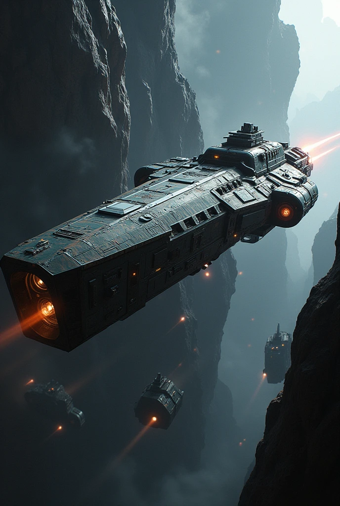 armored combat spaceship "application" in the asteroid belt