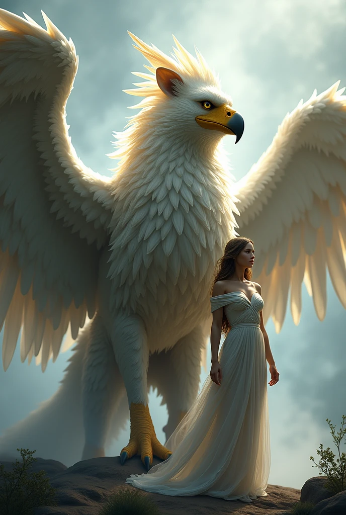 Griffon、Rinとした鷲の顔:1.2、Sharp beak:1.7、Beautiful Wings:1.5、Rin々Fresh lion's body:1.5、god獣、Beautiful coat、godの使いのGriffon、god聖的な生き物、god々しいGriffon、Rinと立つ鋭い目つきのGriffon、Rin々Standing、mist、幻想的なmist、Beautiful sight、BREAK、美しい女god、女godがGriffonの隣に立つ、