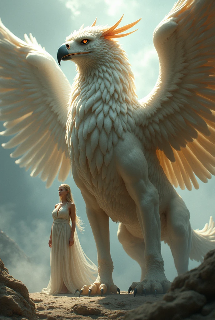 Griffon、Rinとした鷲の顔:1.2、Sharp beak:1.7、Beautiful Wings:1.5、Rin々Fresh lion's body:1.5、god獣、Beautiful coat、godの使いのGriffon、god聖的な生き物、god々しいGriffon、Rinと立つ鋭い目つきのGriffon、Rin々Standing、mist、幻想的なmist、Beautiful sight、BREAK、美しい女god、女godがGriffonの隣に立つ、