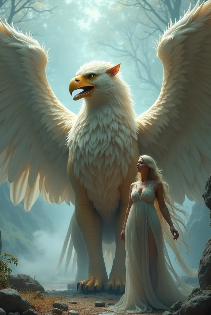Griffon、Rinとした鷲の顔:1.2、Sharp beak:1.7、Beautiful Wings:1.5、Rin々Fresh lion's body:1.5、god獣、Beautiful coat、godの使いのGriffon、god聖的な生き物、god々しいGriffon、Rinと立つ鋭い目つきのGriffon、Rin々Standing、mist、幻想的なmist、Beautiful sight、BREAK、美しい女god、女godがGriffonの隣に立つ、