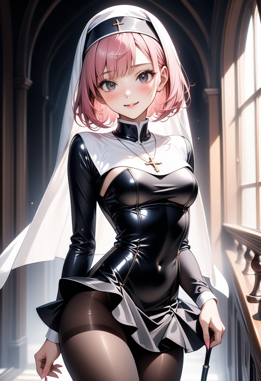 ((((traditional nun a black)), panties, skirt, Pantyhose, Stiletto heels)), ((Shiny Costumes)), (skindentation), skinny, alone, solo, Masterpiece, highest quality, highest quality, 16K, incredibly absurd, highly detailed, 2.5D, ai-generated, delicate and dynamic, very delicate facial expressions, delicate eye depiction, erotic, only sexy woman, ((A cute and kind face)), healthy figure, ((1 woman)), 160cm tall, ((medium firm swaying bust)), medium breasts, (short hair), Straight Hair, (pink hair:1.5), bob cut, black eye, blush, Sweat,Embarrassed,sexy, ((thin thighs)), shiny and lustrous, facing straight at viewer, smile, ((standing)), ((arm at side)),