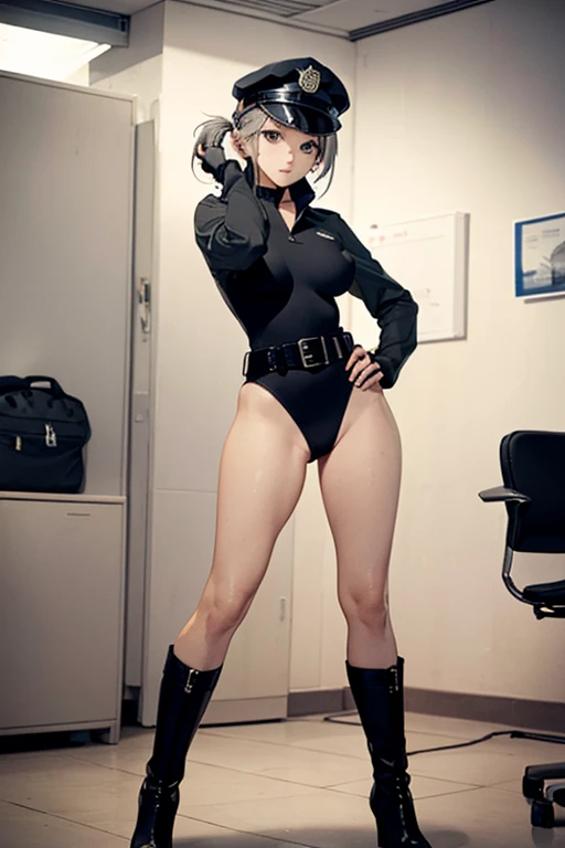 (masterpiece), (best quality), (high res),1girl, tall body, ((long hair, grey hair, ponytail hair)), (black eyes), beautiful detailed eyes, beautiful detailed face, cute face, perfect hands, complete fingers, perfect anatomy, perfect proportions, ((hat, jet black police hat)), ((leotard, matching leotard, bare legs)), ((boots, matching boots)), breasts, medium breasts, fingerless gloves, (full body portrait), looking at viewer, (solo, solo focus), standing, police uniform, shoulder pads, cowboy shot, office backdrop, indoors, (belt, tight belt), (armbands, white sleeves), one hand on hip, serious, full body costume design.