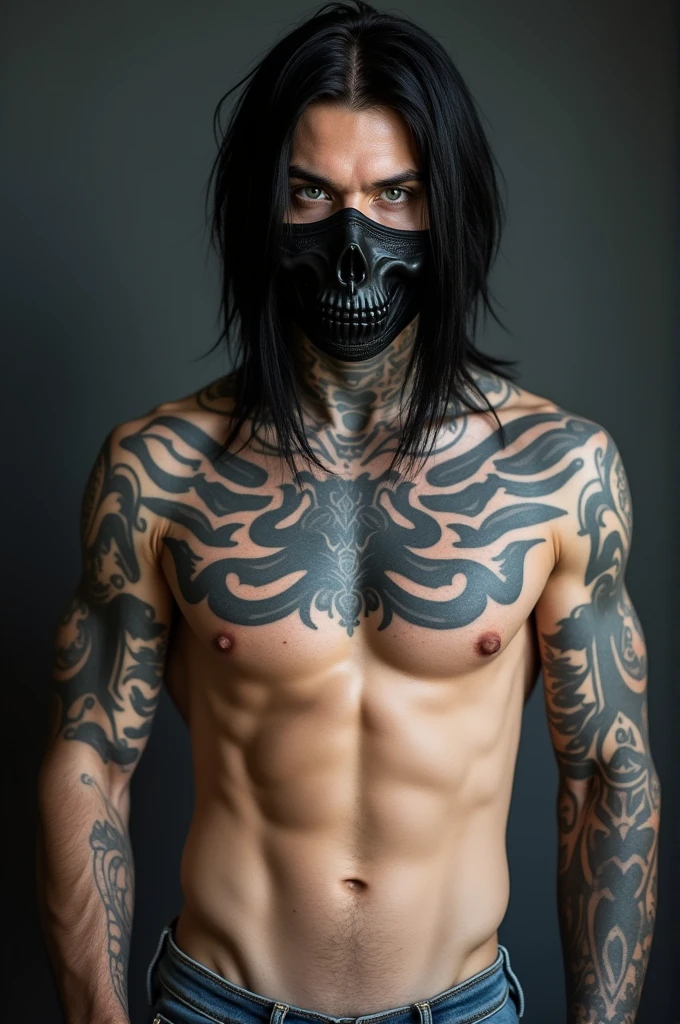 Tattooed white man with tattoo on his arms and chest, muscular straight black hair in a military social cut blue eyes, wearing a black skull mask. He is wearing jeans with a bare chest