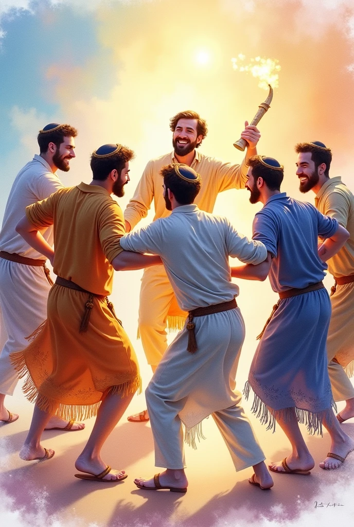 Create a watercolor image where you find 7 men with tzitzit and nothing on their heads dancing while another blows a 2-curved shofar to the left