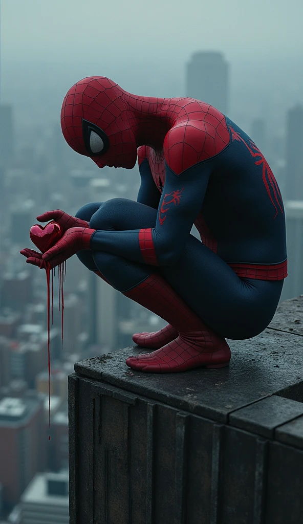 Spiderman with his head down looking at his hands where he has a bleeding heart where he is swemtqdeobql on the edge of a skyscraper 