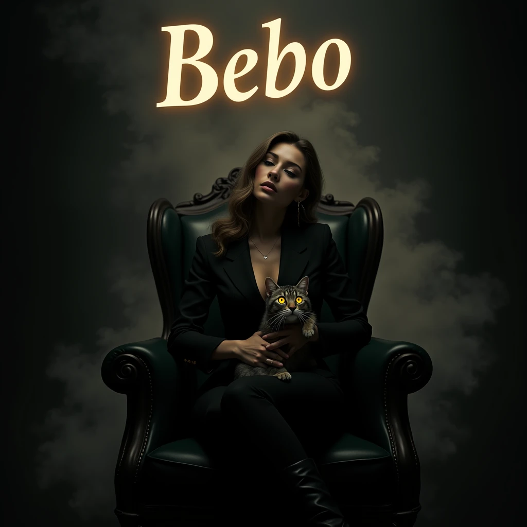 Create a realistic image where a woman wearing black luxury suit and sitting on king size chair, he's holding a cat in her hand, there is smoke in background a shadow of cat and cat's eyes is glowing in yellow colour. In background the name "BEBO" is showing in bold effects just attached above the chair the head of the character as per his name.