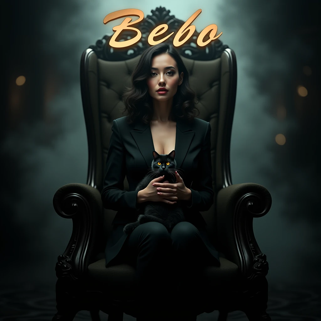 Create a realistic image where a woman wearing black luxury suit and sitting on king size chair, he's holding a cat in her hand, there is smoke in background a shadow of cat and cat's eyes is glowing in yellow colour. In background the name "BEBO" is showing in bold effects just attached above the chair the head of the character as per his name.