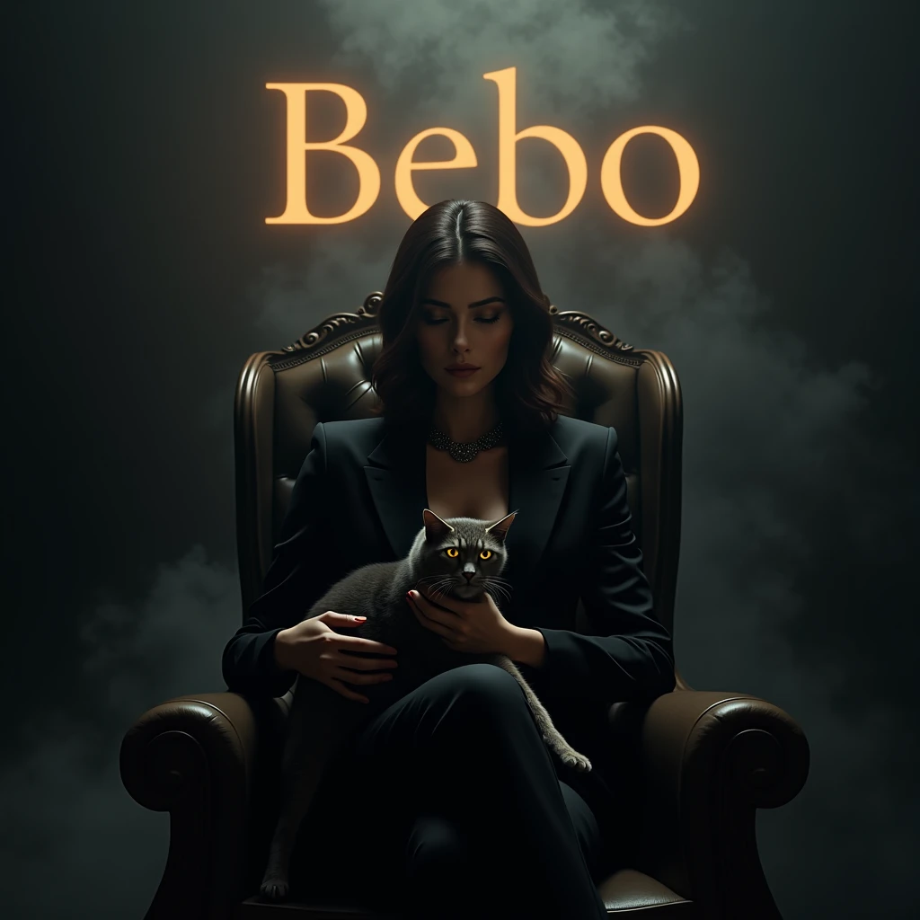 Create a realistic image where a woman wearing black luxury suit and sitting on king size chair, he's holding a cat in her hand, there is smoke in background a shadow of cat and cat's eyes is glowing in yellow colour. In background the name "BEBO" is showing in bold effects just attached above the chair the head of the character as per his name.