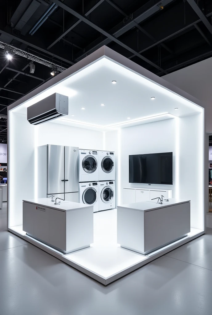 Create a 3x3 stand for LG Electronics that will participate in a home improvement fair. I want this to have an ecosystem of my main white line products, such as an air conditioner, a refrigerator, a laundry center and a television
