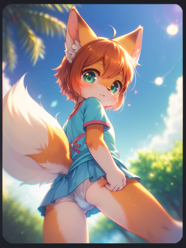 (Sumilux f1.4 36mm , Polaroid , low Latitude old color negative film , cross process , (bokeh), Long exposure , blur , flare, chromatic aberration , (soft focus), (Shallow focus) , soft glow , Maximum aperture, low Key , Transparent depiction , Tyndall) ,kawaii anime style , ish fox girl , childish clothing , Suddenly showing her ass